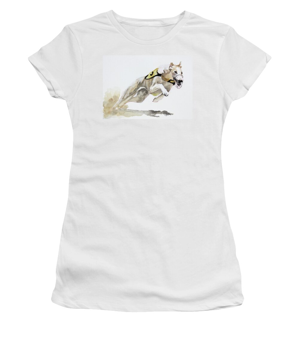 Greyhound Women's T-Shirt featuring the painting Chasing Rusty by Rachel Bochnia