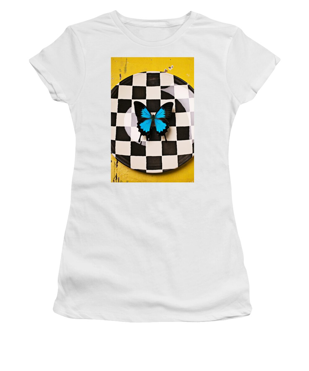 Blue Women's T-Shirt featuring the photograph Checker plate and blue butterfly by Garry Gay