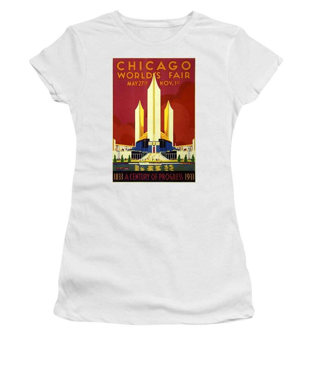 Art Deco Women's T-Shirt featuring the digital art Chicago Worlds Fair 1933 Poster by Vincent Monozlay