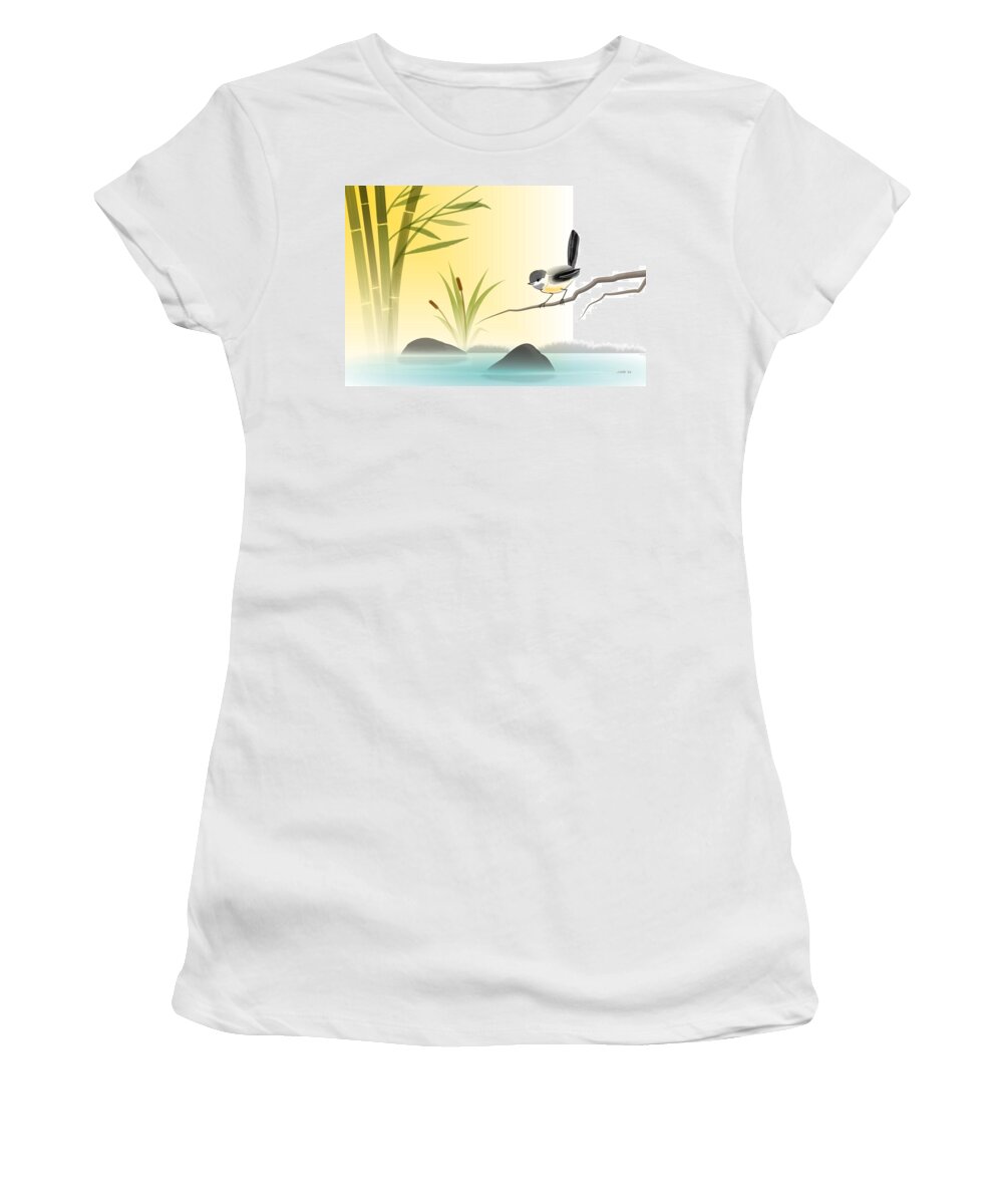 Black Capped Chickadee Women's T-Shirt featuring the digital art Chickadee in Spring by John Wills