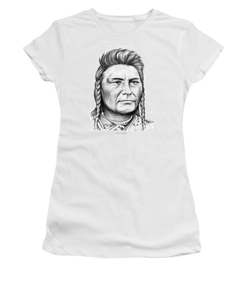 Chief Joseph Women's T-Shirt featuring the drawing Chief Joseph by Greg Joens