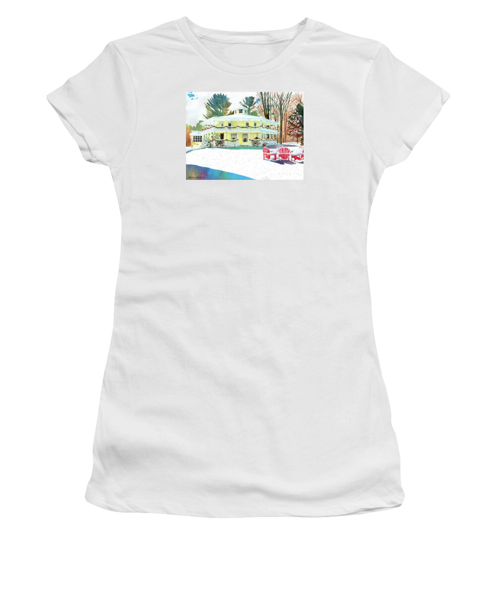 Hexagon House Women's T-Shirt featuring the painting Christmas at the Hexagon House by LeAnne Sowa