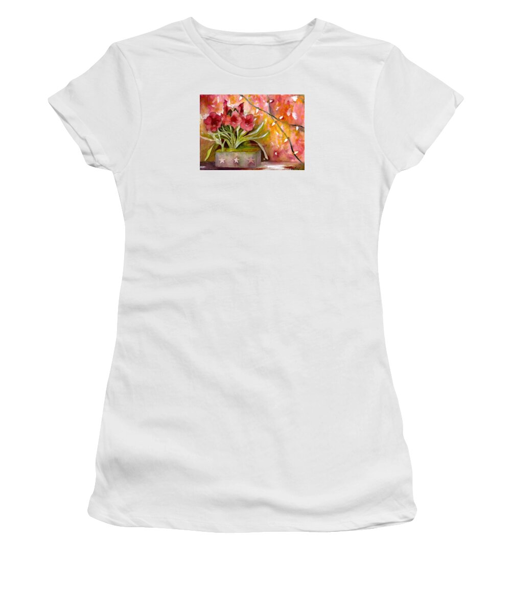 Amaryllis Women's T-Shirt featuring the painting Christmas Holiday Amaryllis by Kelly Perez
