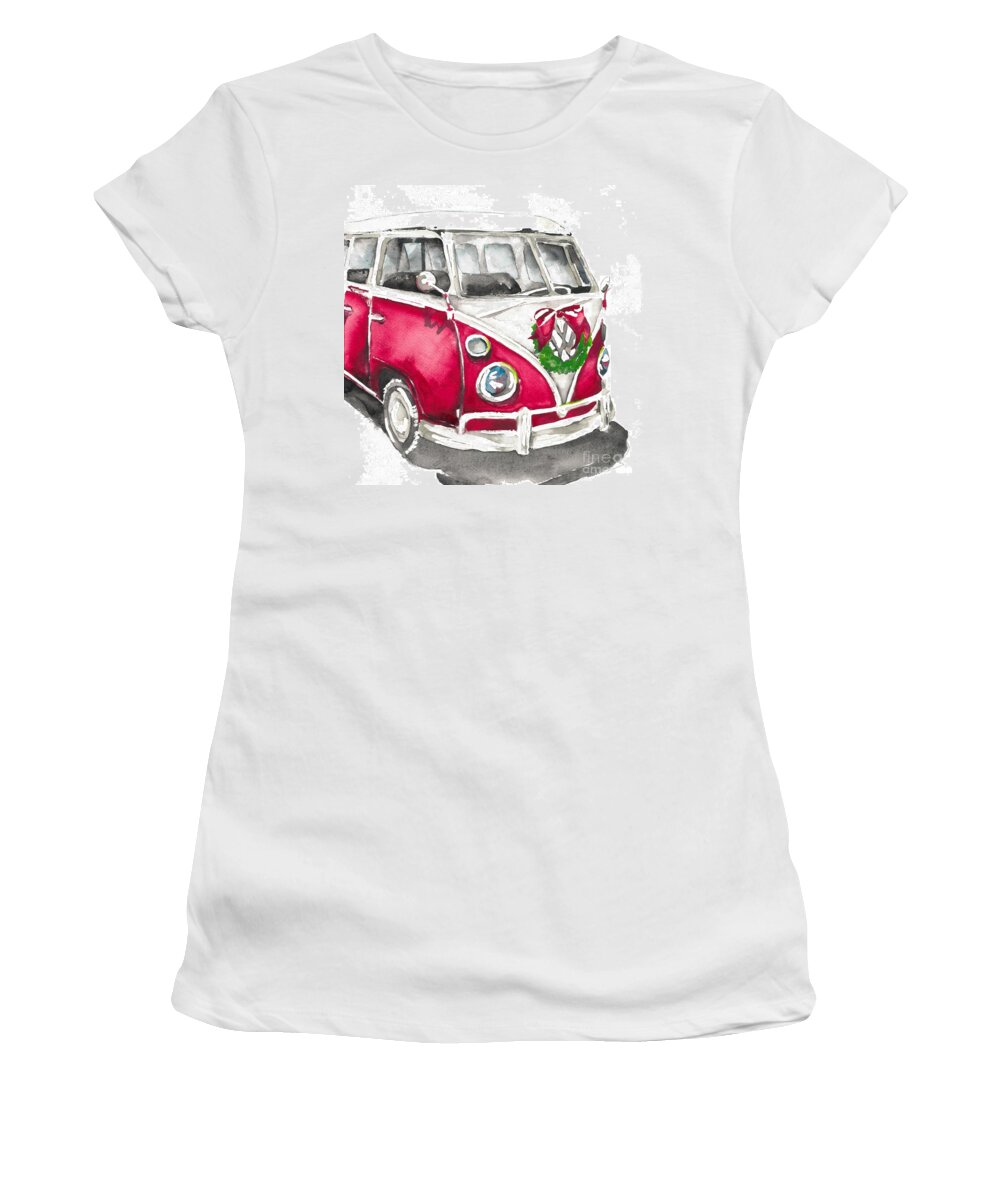 Vw Bus Women's T-Shirt featuring the painting Christmas Red by Norah Daily