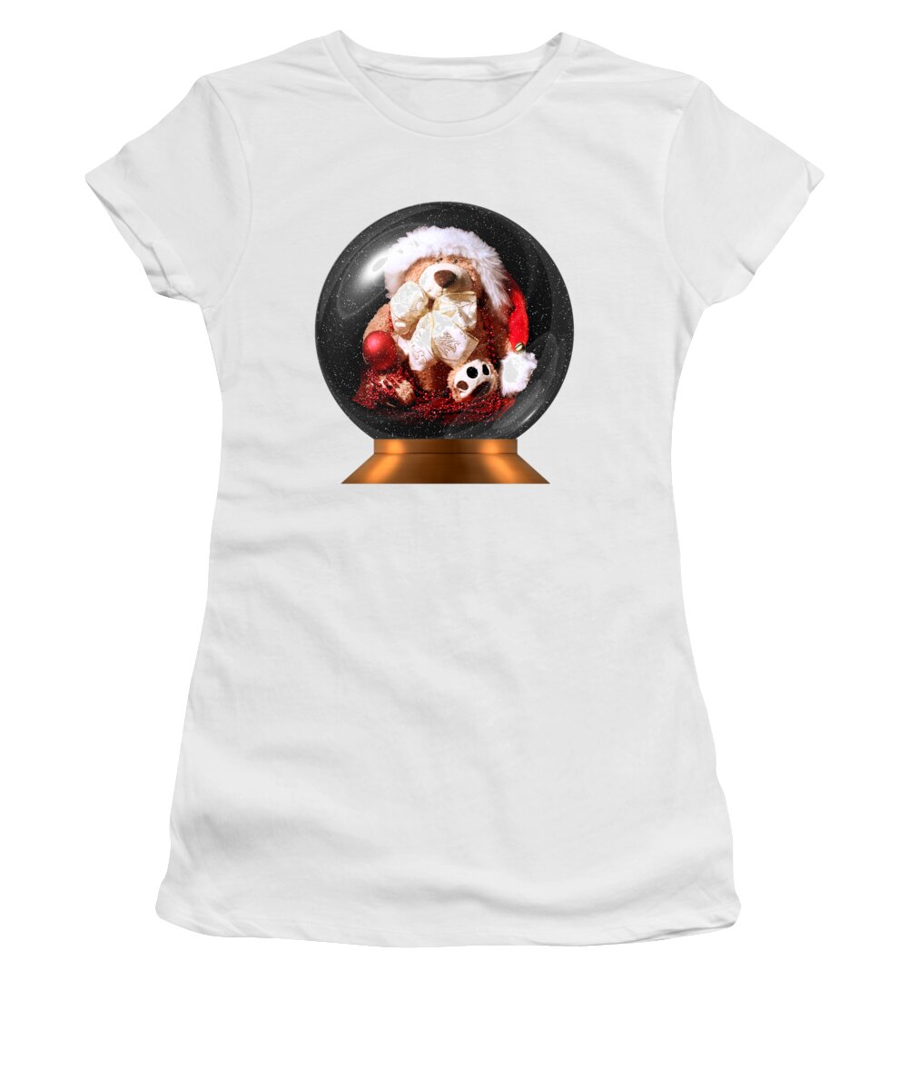 Christmas Women's T-Shirt featuring the photograph Christmas Teddy Snow Globe on a transparent background by Terri Waters