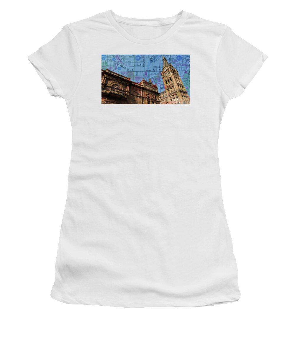 Milwaukee Women's T-Shirt featuring the photograph City Hall and Pabst Theater Rooflines w Map by Anita Burgermeister