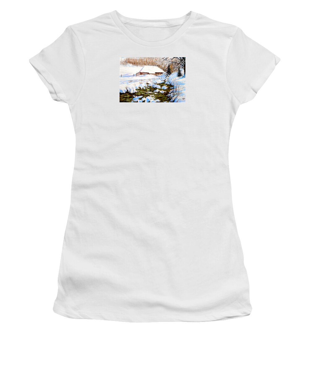 Winter Women's T-Shirt featuring the painting Clubhouse in Winter by Sher Nasser