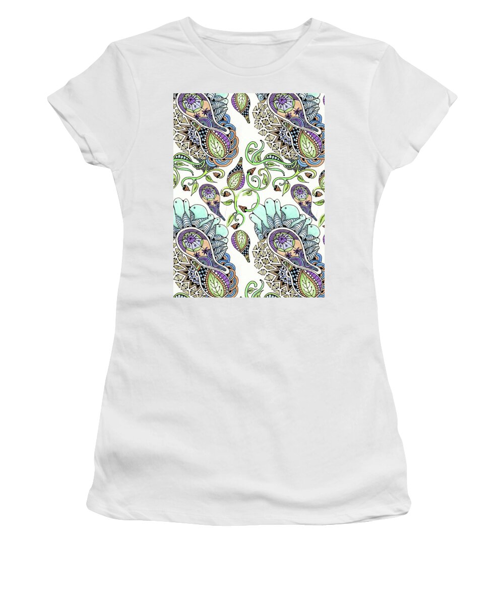 Zentangle Patterns Doodles Pen And Ink Leaves Vines Parameciums Women's T-Shirt featuring the tapestry - textile Clusters by Ruth Dailey