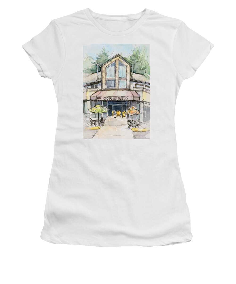 Bridle Trails Women's T-Shirt featuring the painting Coffee Shop Watercolor Sketch by Olga Shvartsur