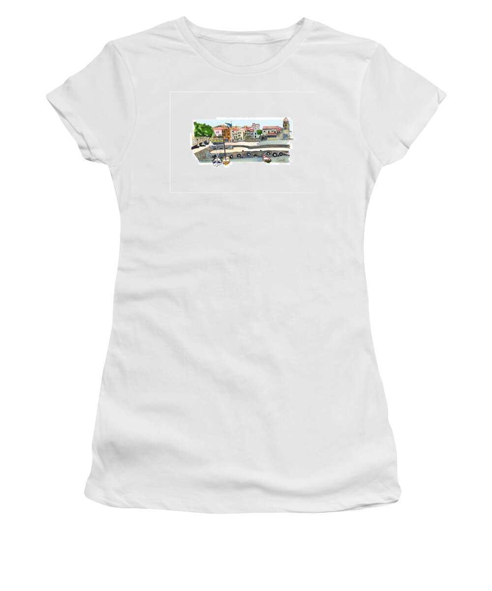 French Coastal Scenery Women's T-Shirt featuring the painting Collioure,  Cote de Vermeille by Joan Cordell