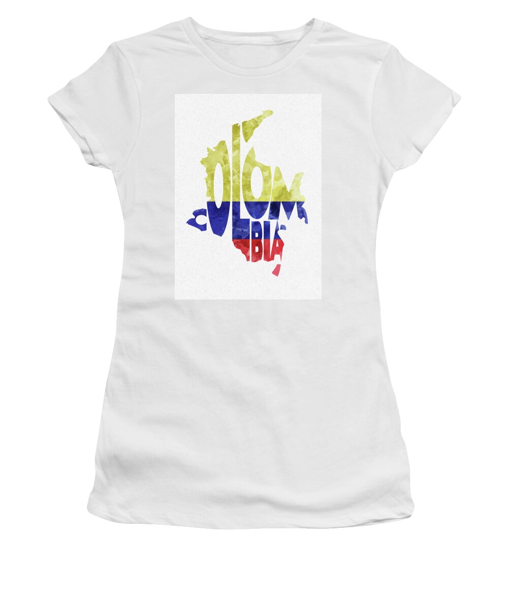 Colombia Women's T-Shirt featuring the digital art Colombia Typographic Map Flag by Inspirowl Design