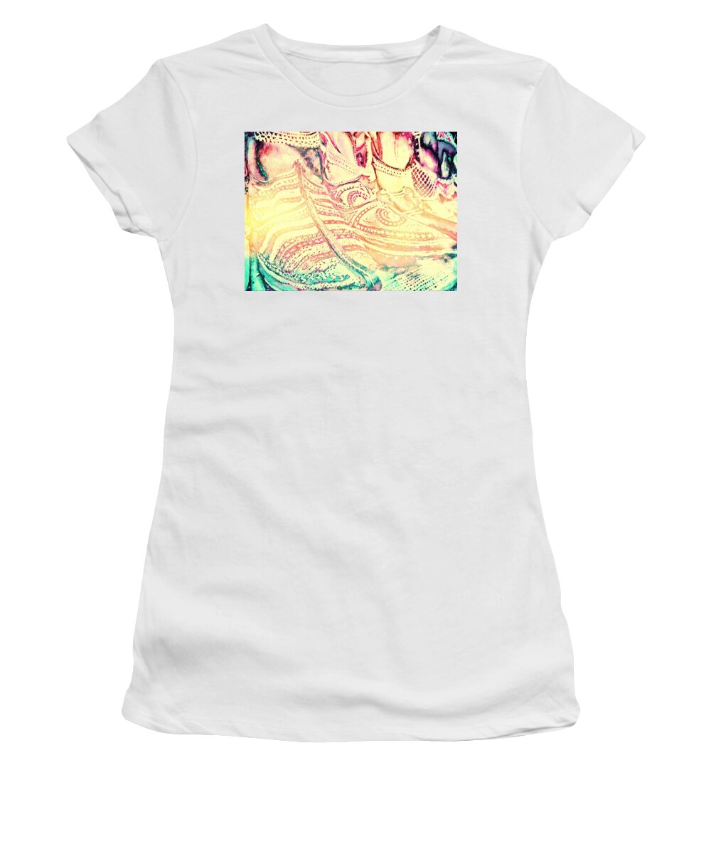 Colourful Footwear Women's T-Shirt featuring the photograph Colorful Abstract Shoes For Sale Juttis India Rajasthan Jaipur 3c by Sue Jacobi