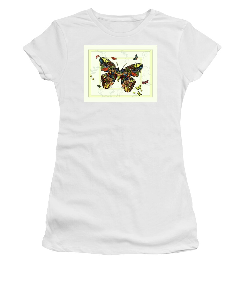 Botanical Women's T-Shirt featuring the painting Colorful Butterfly Collage by Deborah Smith