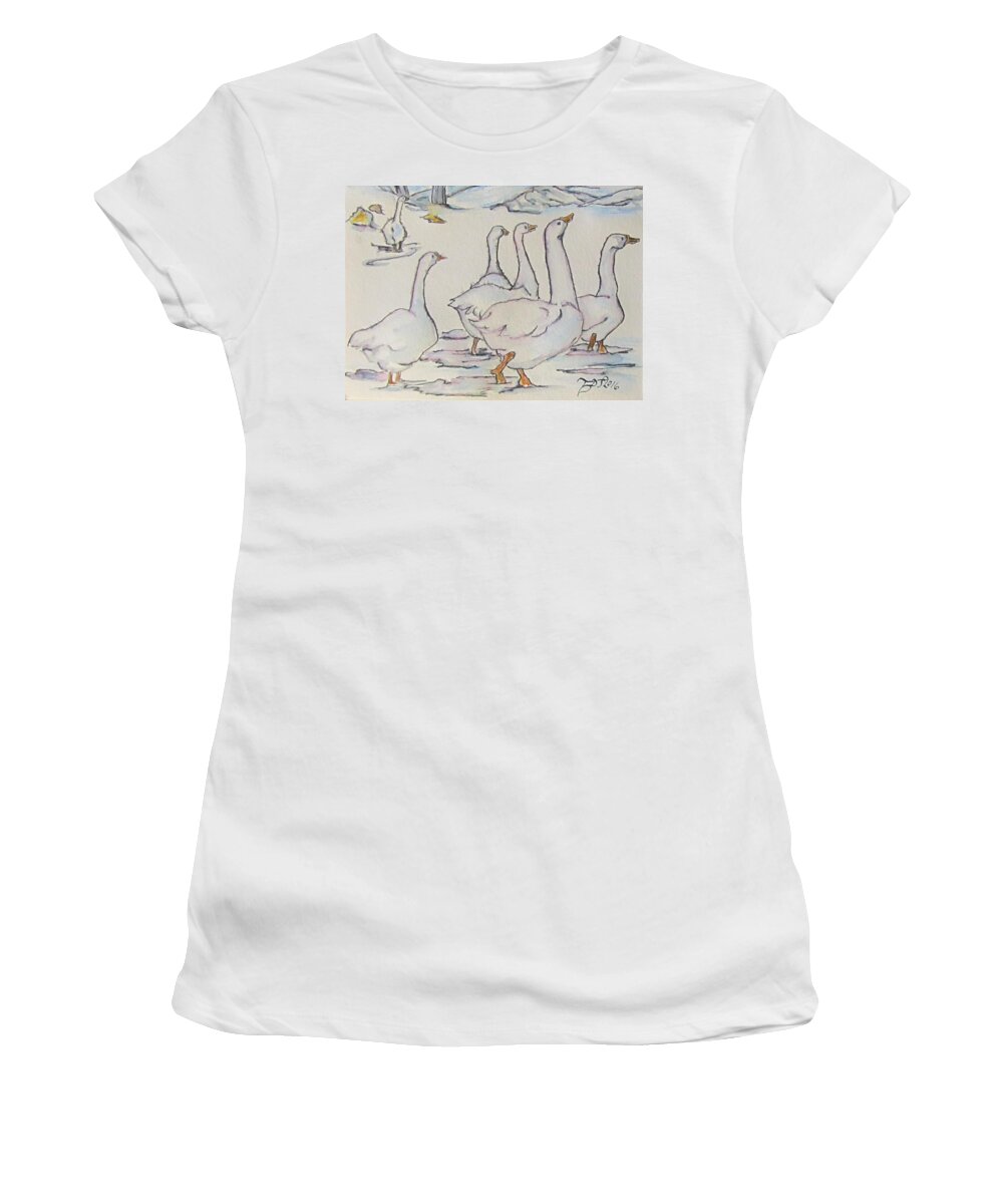 Geese Women's T-Shirt featuring the painting Come and Get It by Barbara O'Toole