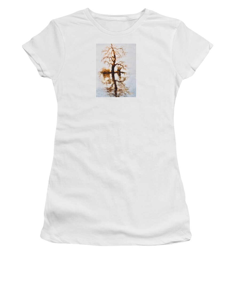 Landscape Women's T-Shirt featuring the painting Como Lake Reflections by Sher Nasser