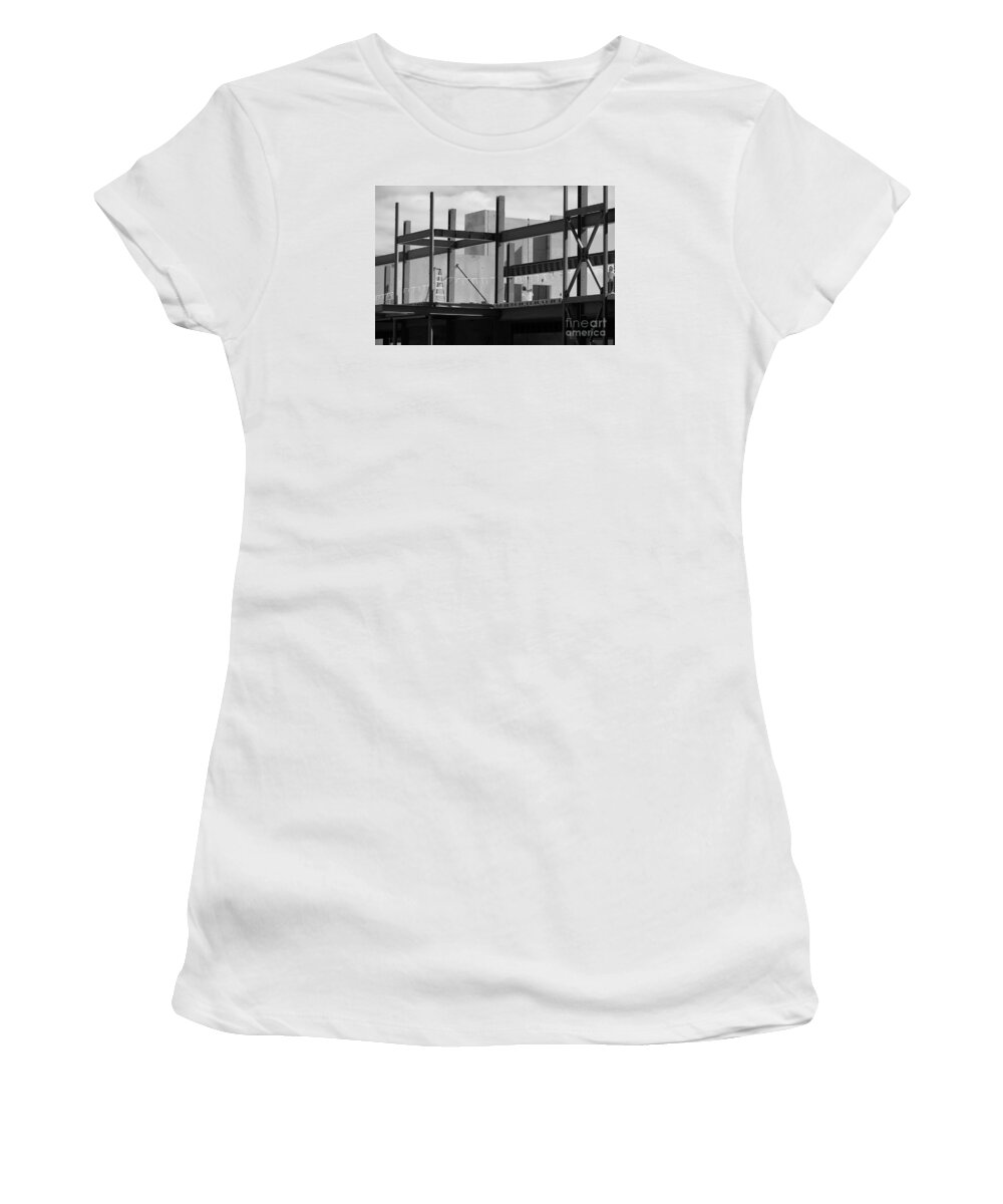 Construction Build Building Steel Iron Work Worker Workers Concrete Beam Beams Black White Monochrome Women's T-Shirt featuring the photograph Construction Zone 2158 by Ken DePue