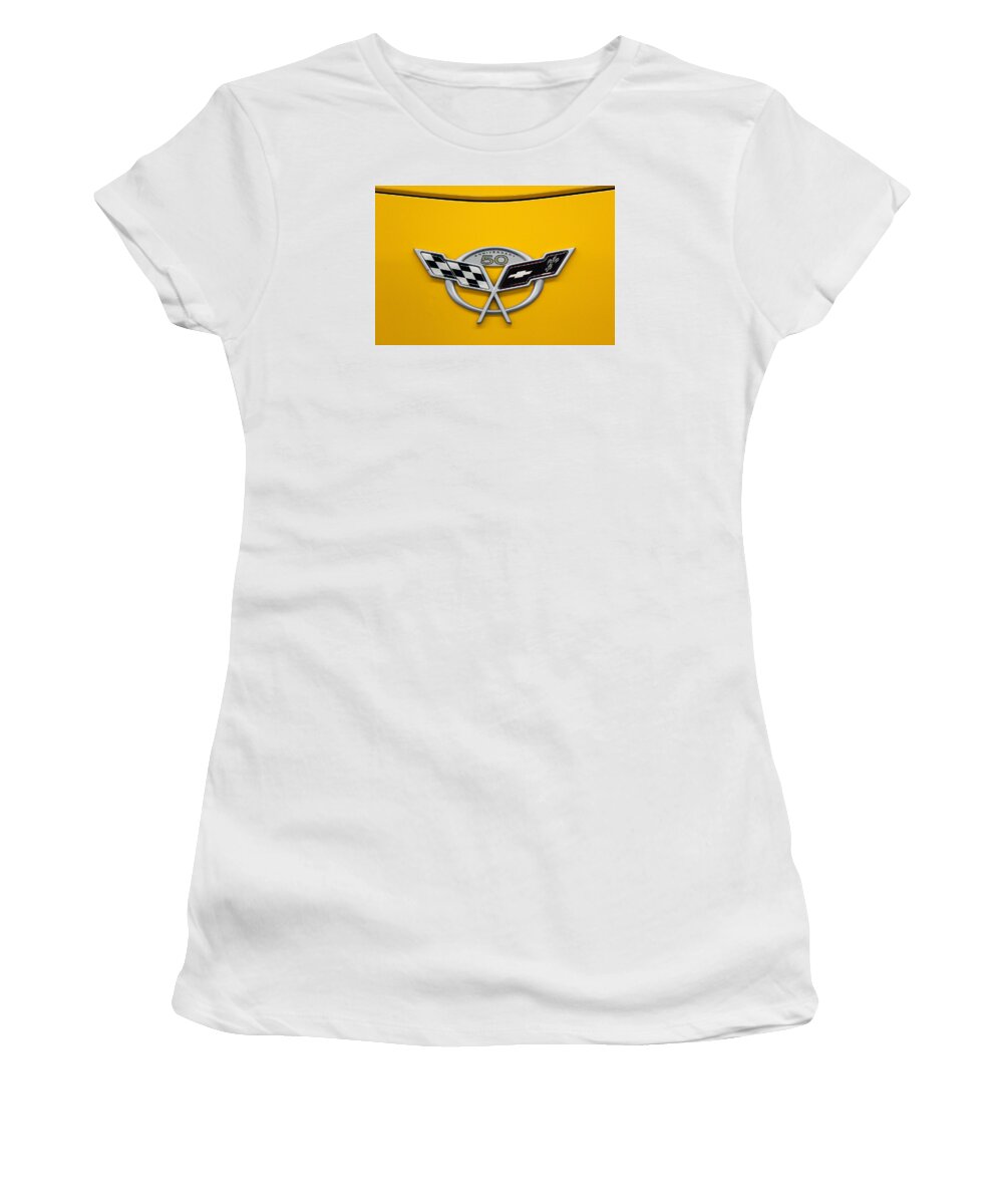 Chevy Women's T-Shirt featuring the photograph Corvette 50th Anniversary Emblem by DB Hayes