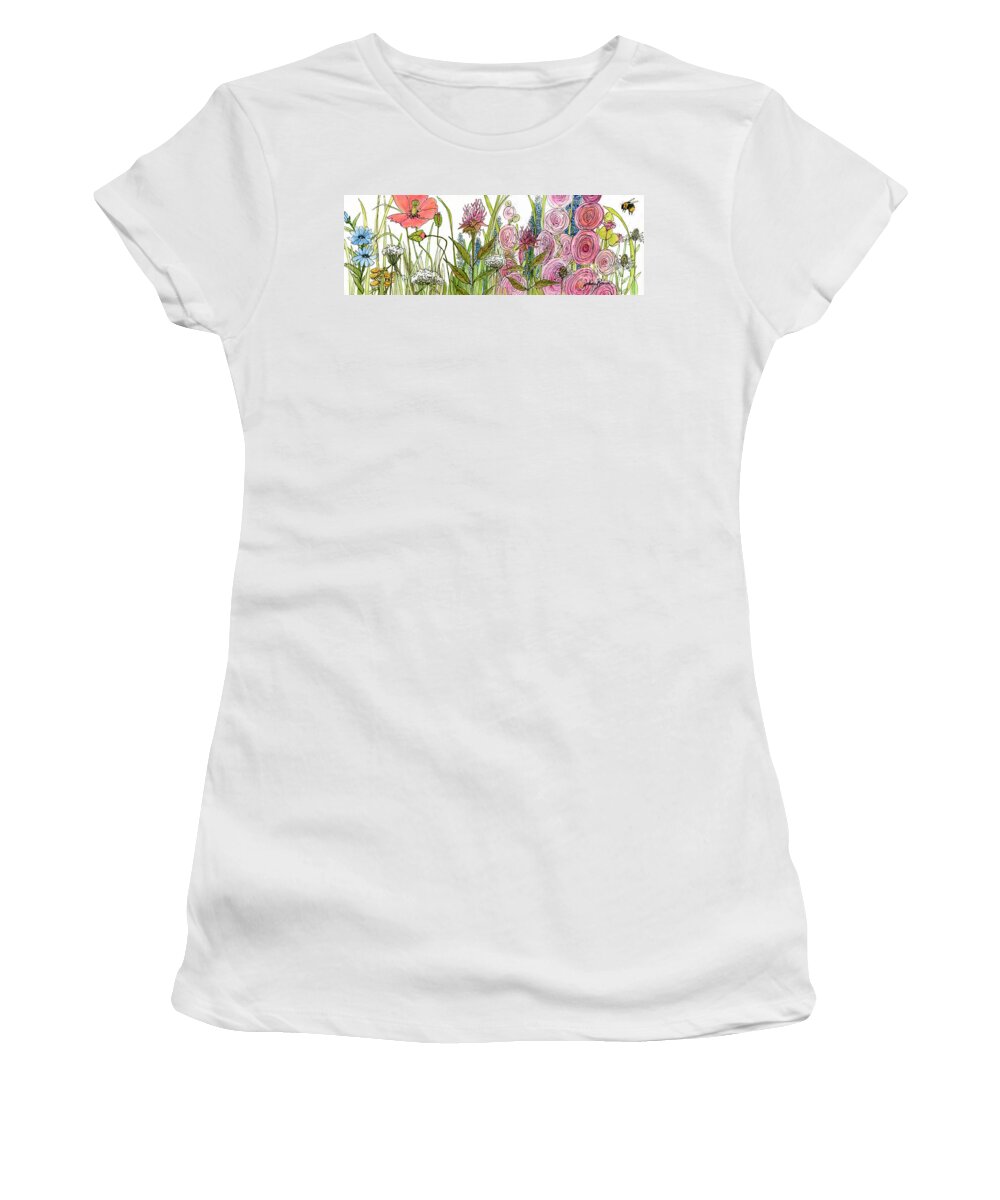 Cottage Hollyhock Garden Women's T-Shirt by Laurie Rohner - Fine