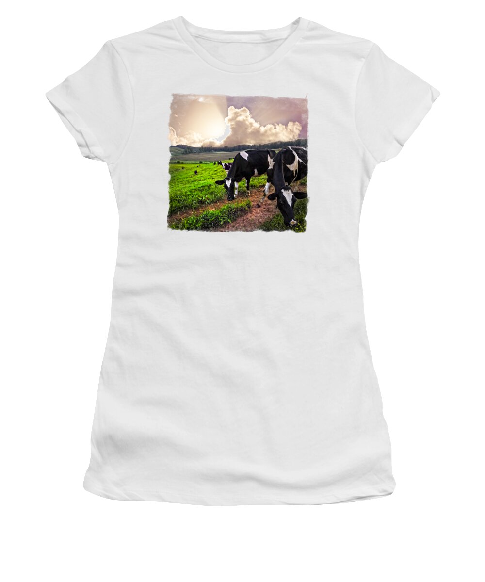 Agriculture Women's T-Shirt featuring the photograph Cows at Sunset Bordered by Debra and Dave Vanderlaan