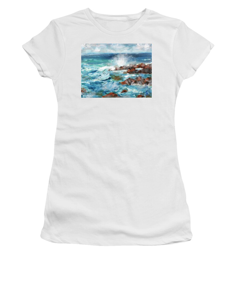 Sea Women's T-Shirt featuring the painting Crashing Waves by Walter Fahmy