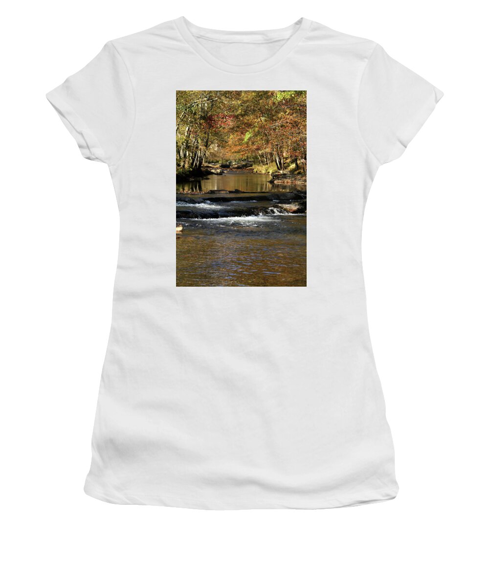 Water Women's T-Shirt featuring the photograph Creek water flowing through woods in autumn by Emanuel Tanjala