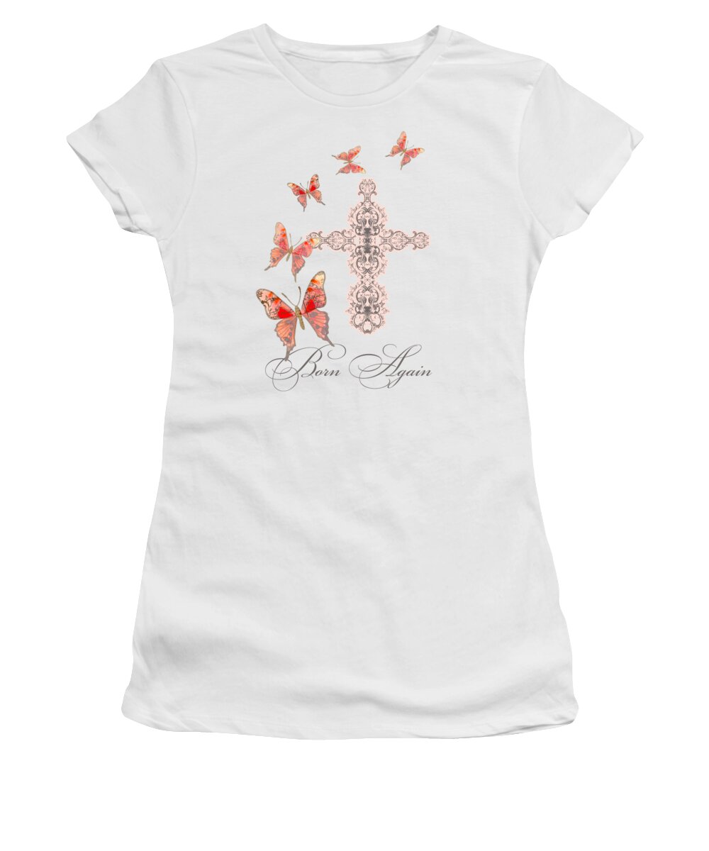 Butterfly Women's T-Shirt featuring the painting Cross Born Again Christian Inspirational Butterfly Butterflies by Audrey Jeanne Roberts