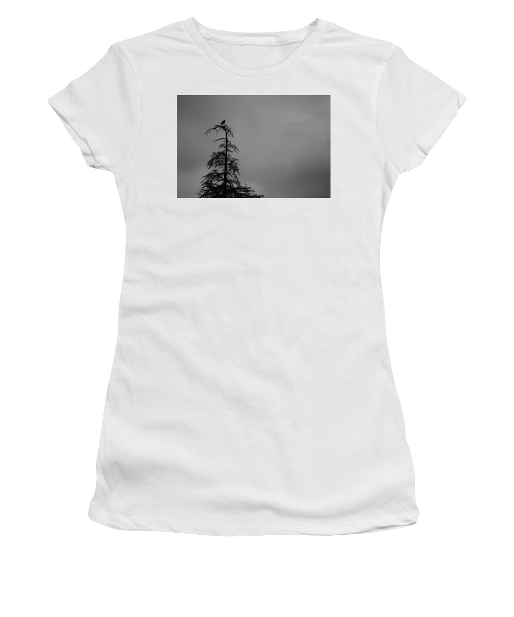 Bird Women's T-Shirt featuring the photograph Crow Perched on Tree Top - Black and White by Matt Quest