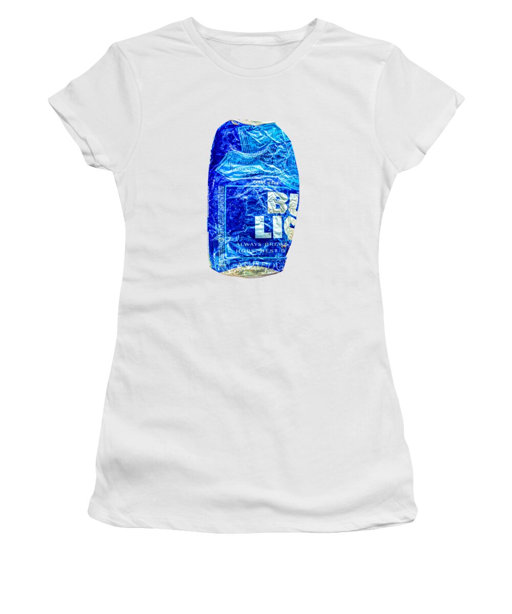 Black Women's T-Shirt featuring the photograph Crushed Blue Beer Can on Plywood 78 Color on BW by YoPedro