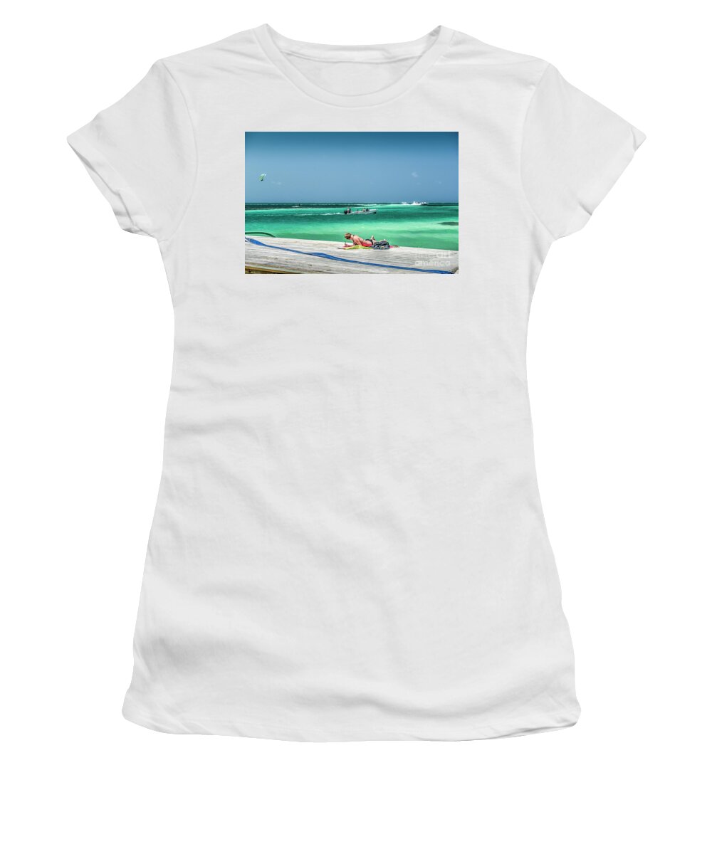 Caye Caulker Belize Women's T-Shirt featuring the photograph Curious Bikini Clad Sunbather by David Zanzinger