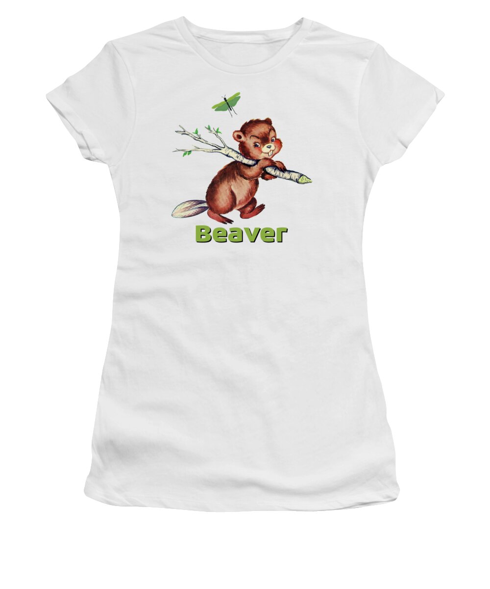 Smiling Beaver Women's T-Shirt featuring the painting Cute Baby Beaver Pattern by Tina Lavoie