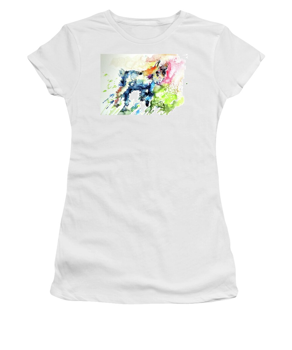 Cute Women's T-Shirt featuring the painting Cute baby goat playing by Kovacs Anna Brigitta