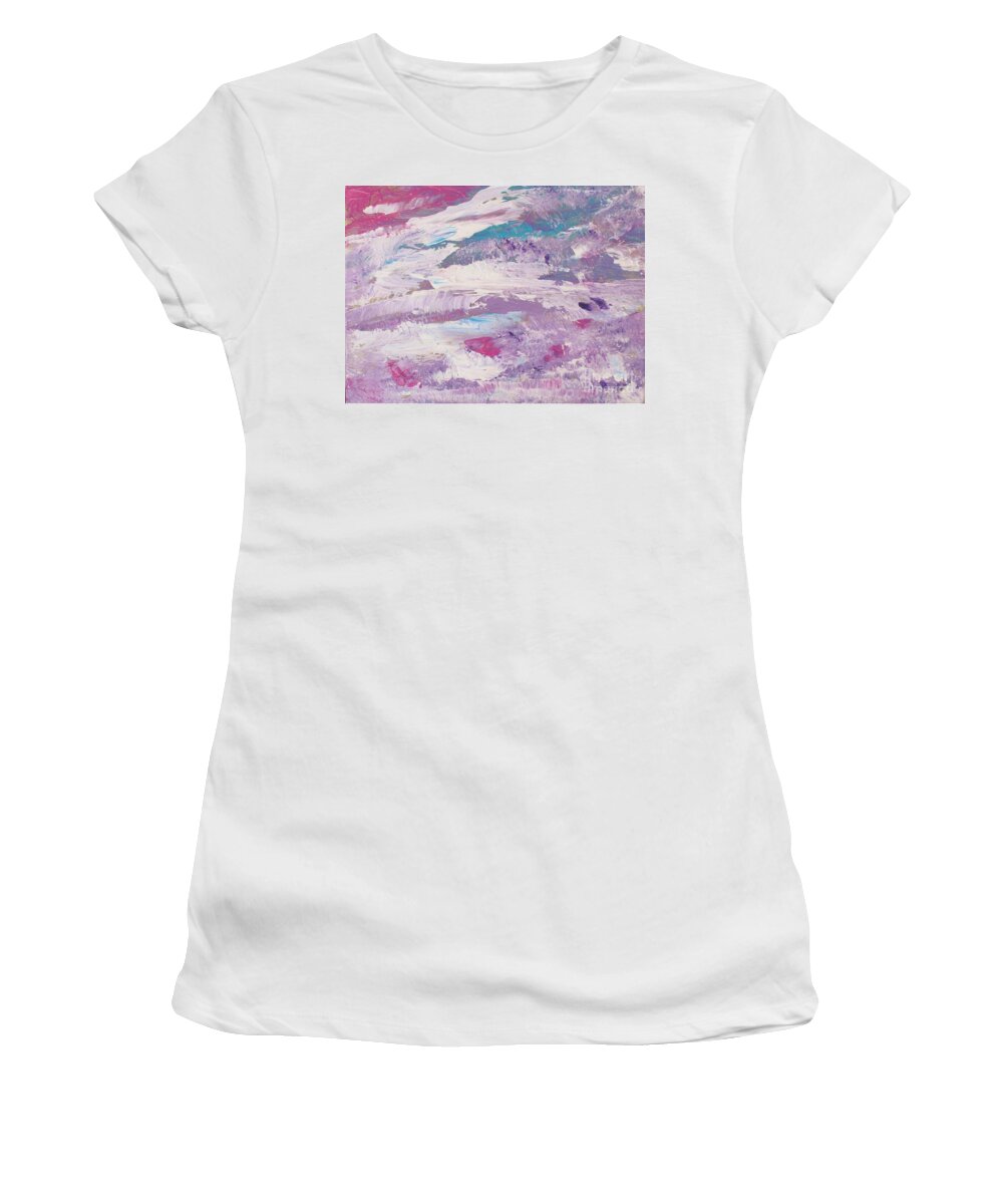 Dancing Clouds Bliss Contentment Delight Elation Enjoyment Euphoria Exhilaration Jubilation Laughter Optimism Peace Of Mind Pleasure Prosperity Well-being Beatitude Blessedness Cheer Cheerfulness Content Deliriums Ecstasy Enchantment Exuberance Felicity Gaiety Geniality Gladness Hilarity Hopefulness Joviality Lighthearted Merriment Mirth  Women's T-Shirt featuring the painting Dancing Clouds by Sarahleah Hankes