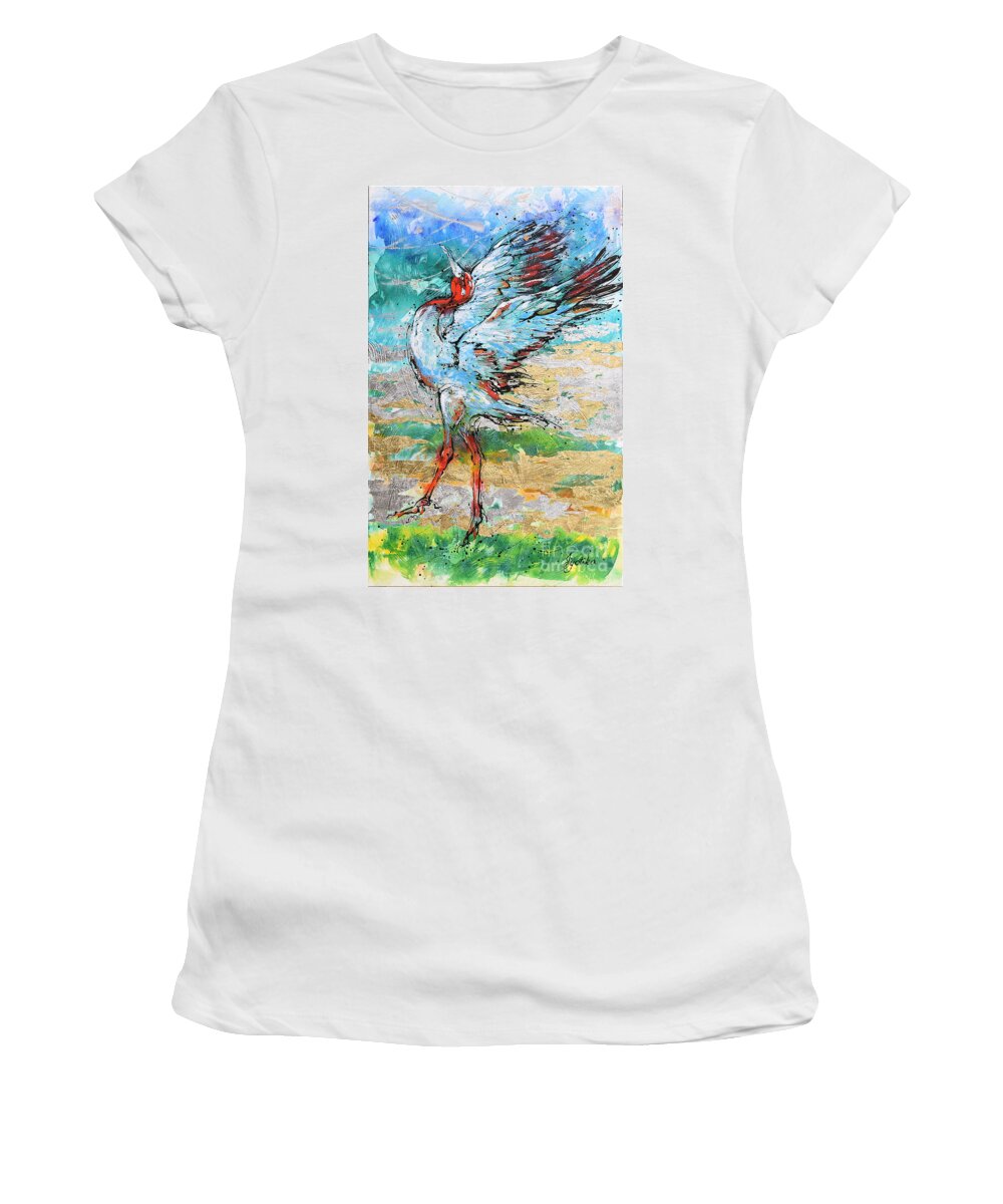 Sarus Cranes In Mating Dance. Birds Women's T-Shirt featuring the painting Dancing Crane 2 by Jyotika Shroff