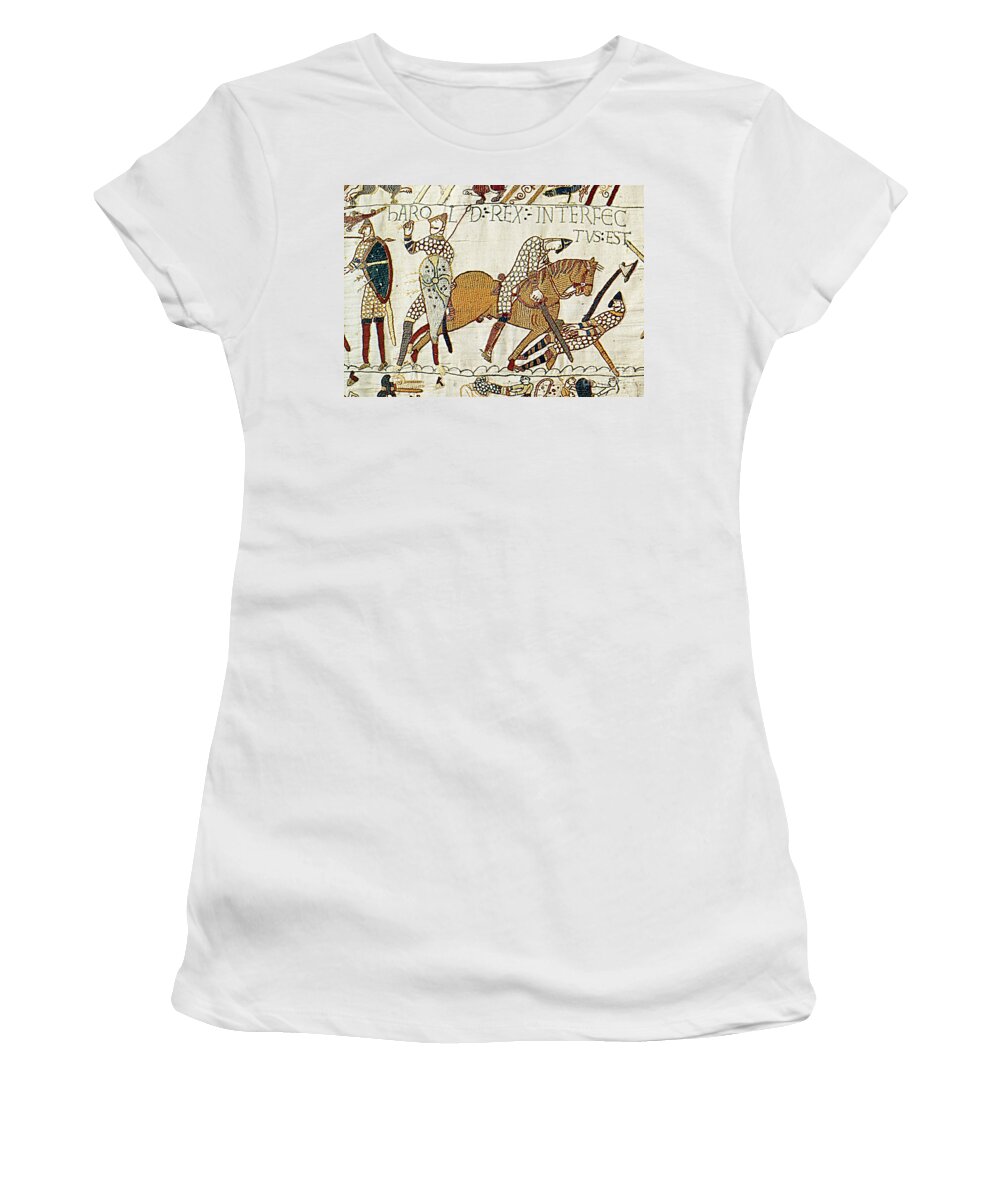 History Women's T-Shirt featuring the photograph Death Of Harold, Bayeux Tapestry by Photo Researchers