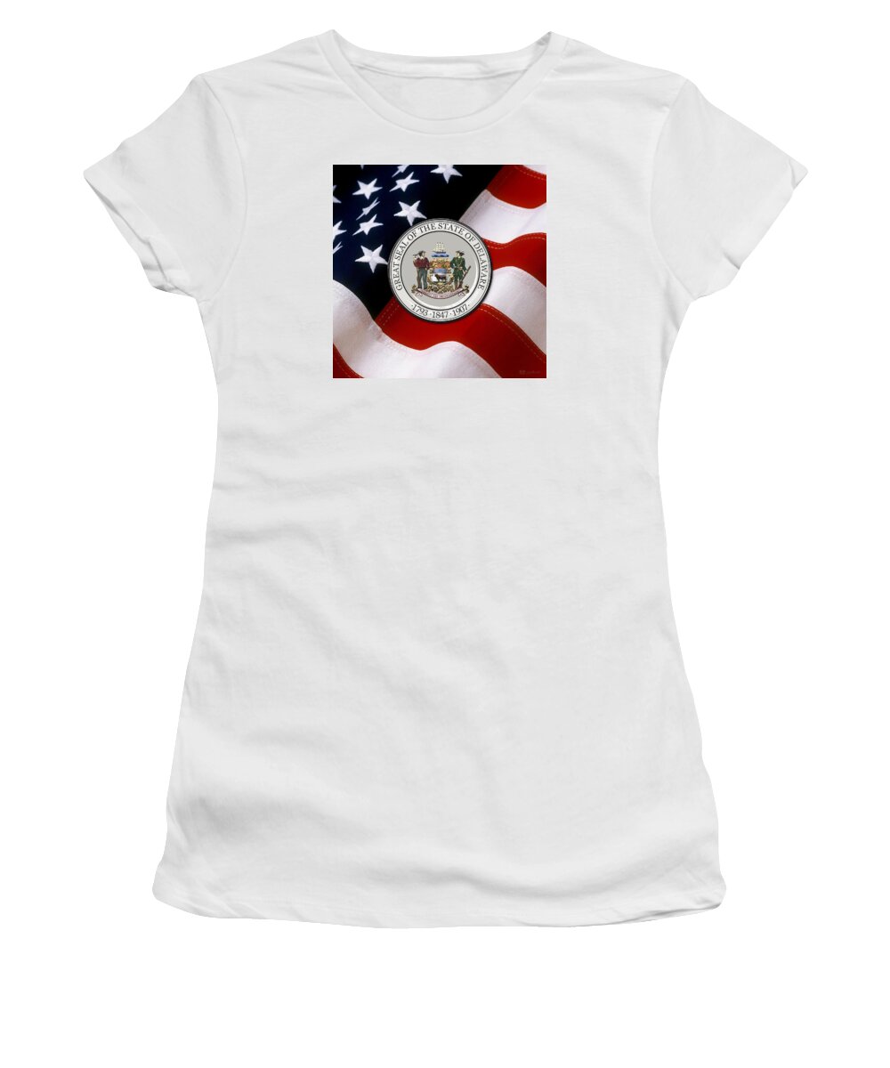 'state Heraldry' Collection By Serge Averbukh Women's T-Shirt featuring the digital art Delaware State Seal over U.S. Flag by Serge Averbukh