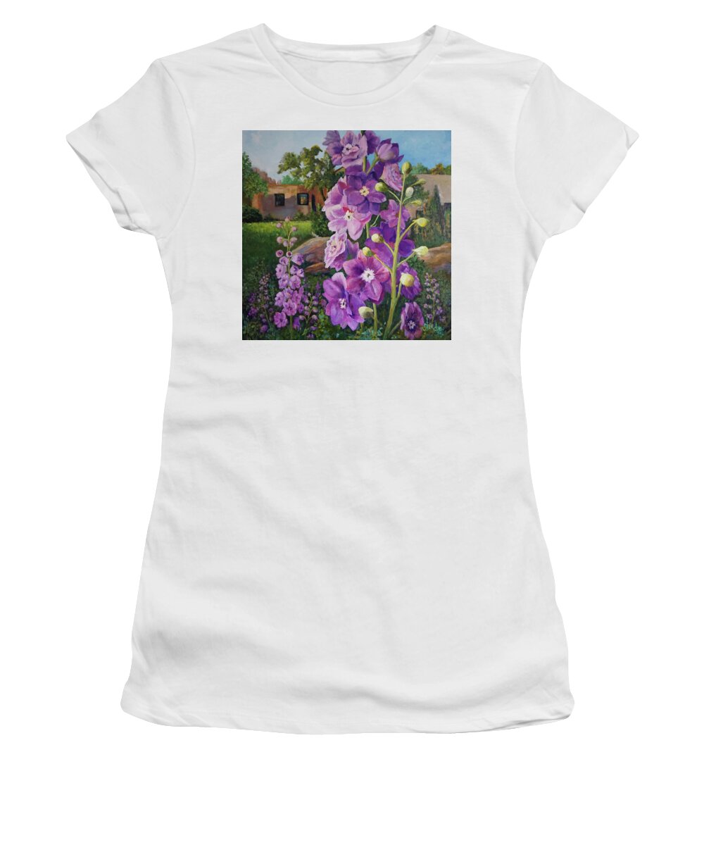 Pink Women's T-Shirt featuring the painting Delightful Delphiniums by Alika Kumar