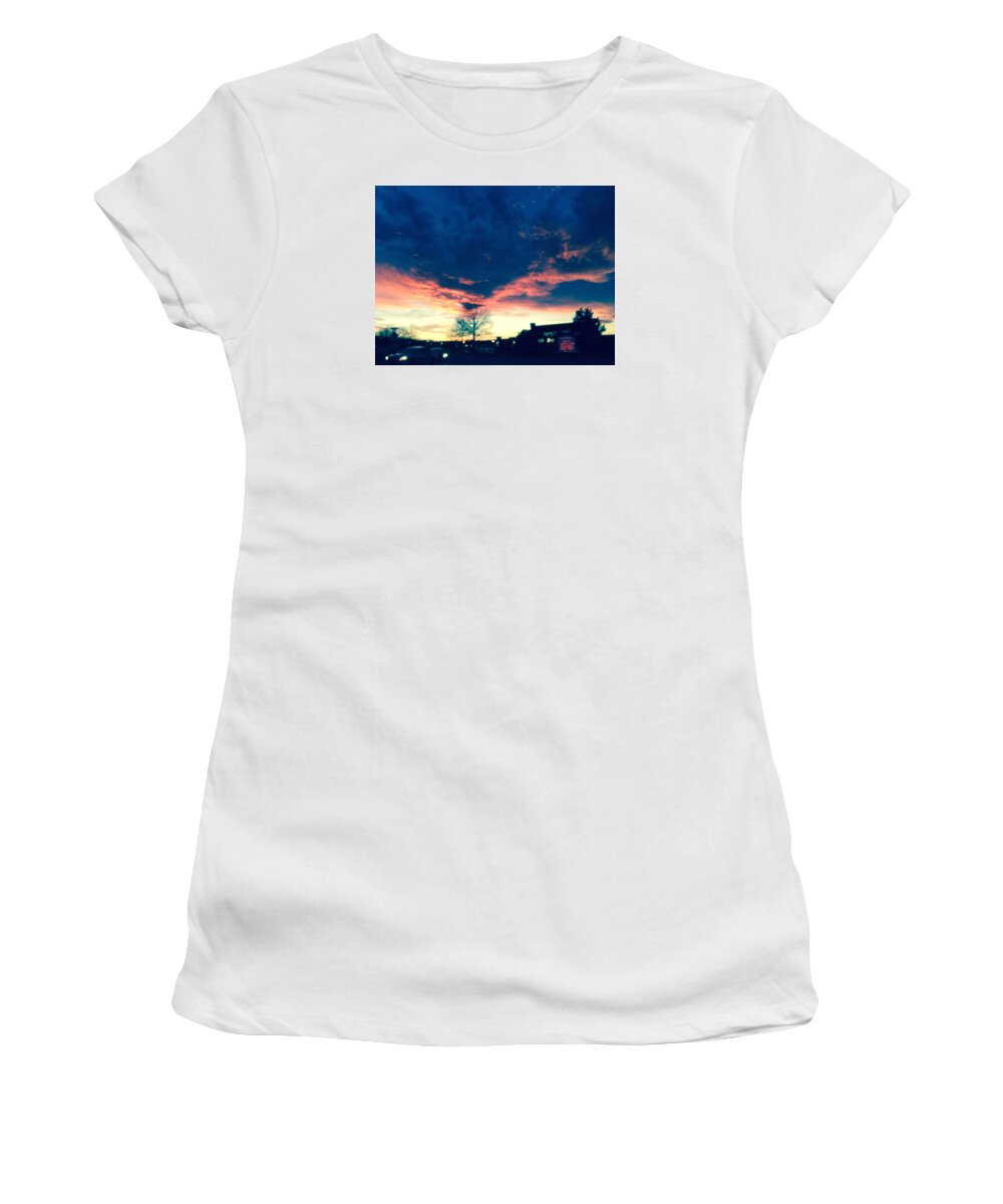 Sunset Women's T-Shirt featuring the painting Dense Sunset by Angela Annas