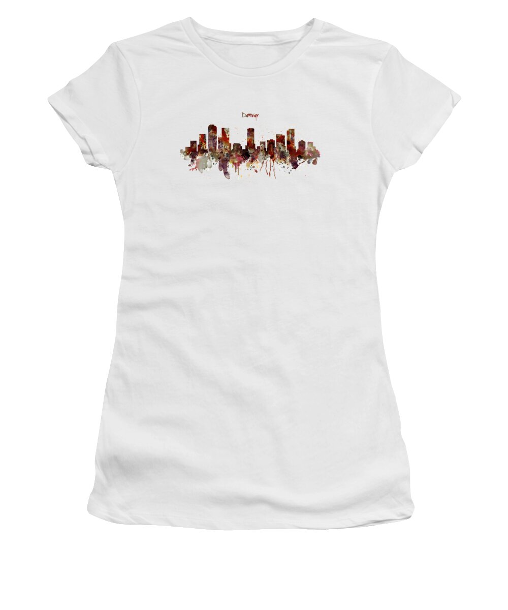 Denver Women's T-Shirt featuring the painting Denver Skyline Silhouette by Marian Voicu