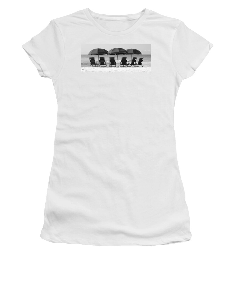 Destin Women's T-Shirt featuring the photograph Destin Florida Six Beach Chairs and Three Umbrellas Panoramic Black and White by Shawn O'Brien