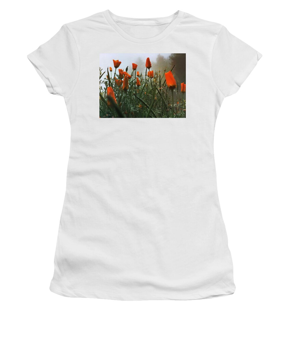 Poppy Women's T-Shirt featuring the digital art Dew on Misty Poppies by Kevyn Bashore