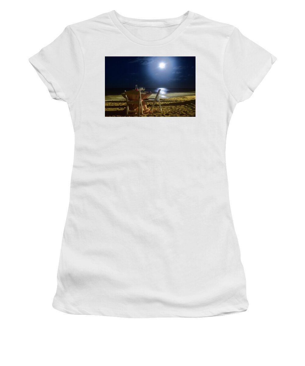 Punta Cana Women's T-Shirt featuring the photograph Dinner for Two in the Moonlight by Nicole Lloyd