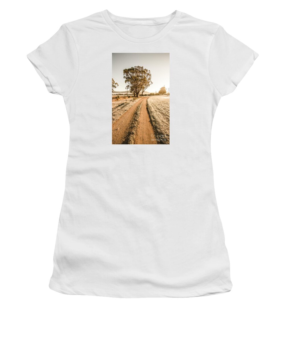 Dirt Women's T-Shirt featuring the photograph Dirt frosted country road in winter by Jorgo Photography