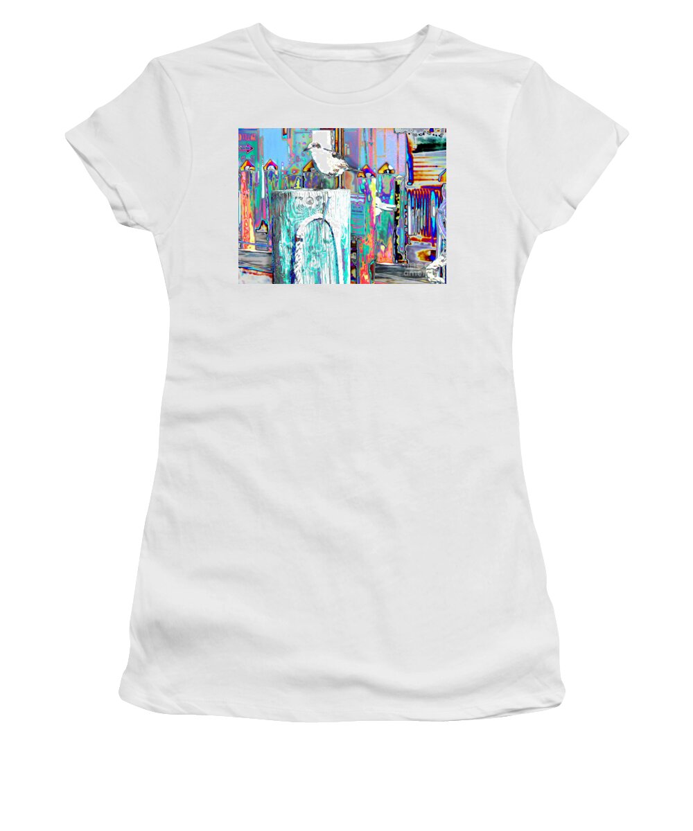 Seagull Sits On A Wharf Pilling In Key West  Women's T-Shirt featuring the digital art Disco Dock Seagull by Priscilla Batzell Expressionist Art Studio Gallery