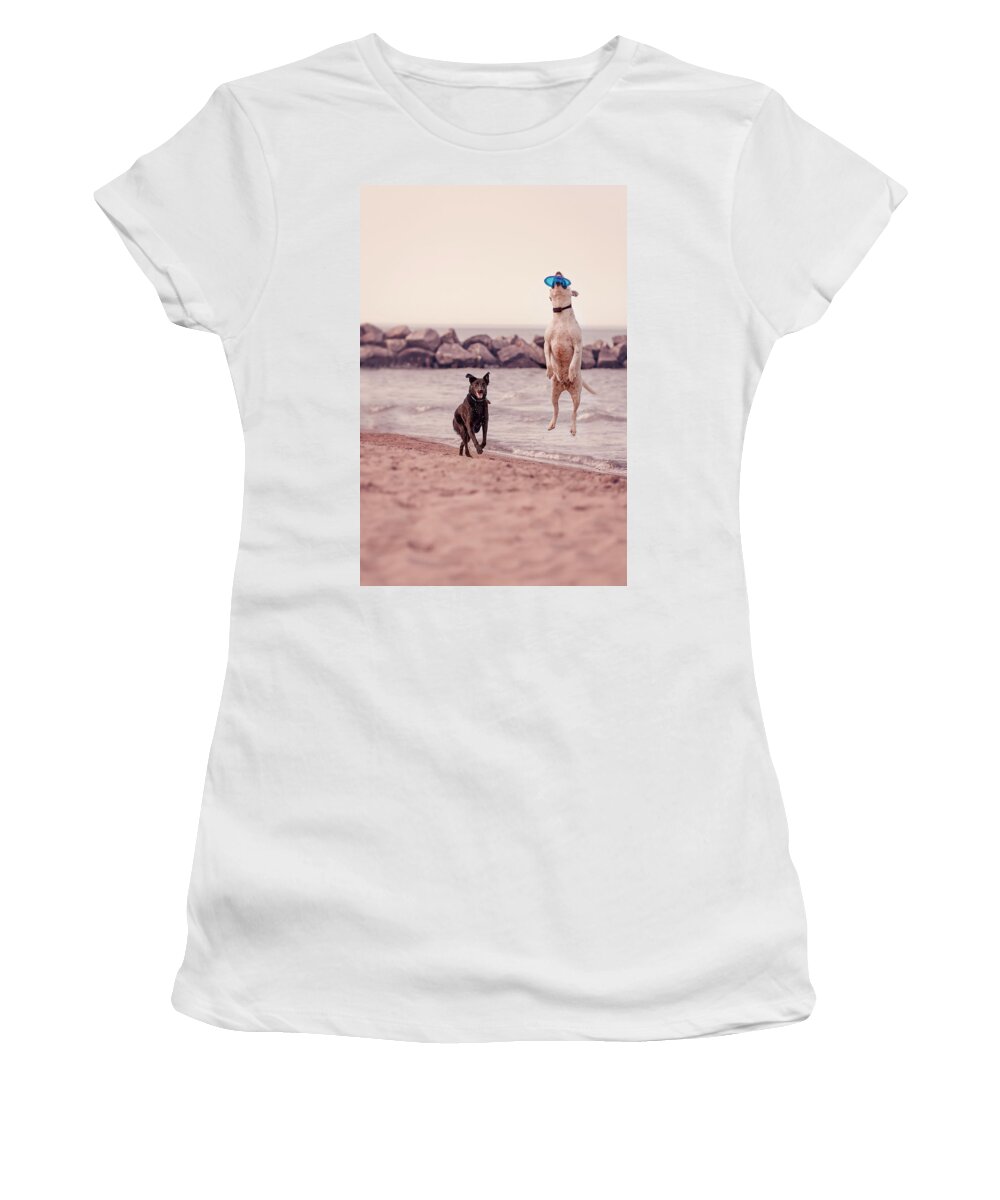 Action Women's T-Shirt featuring the photograph Dog with frisbee by Peter Lakomy