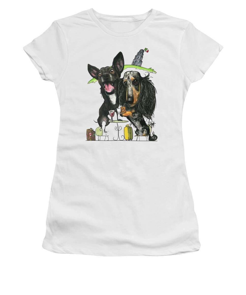 Dominguez Women's T-Shirt featuring the drawing Dominguez, Mia and Sri by Canine Caricatures By John LaFree