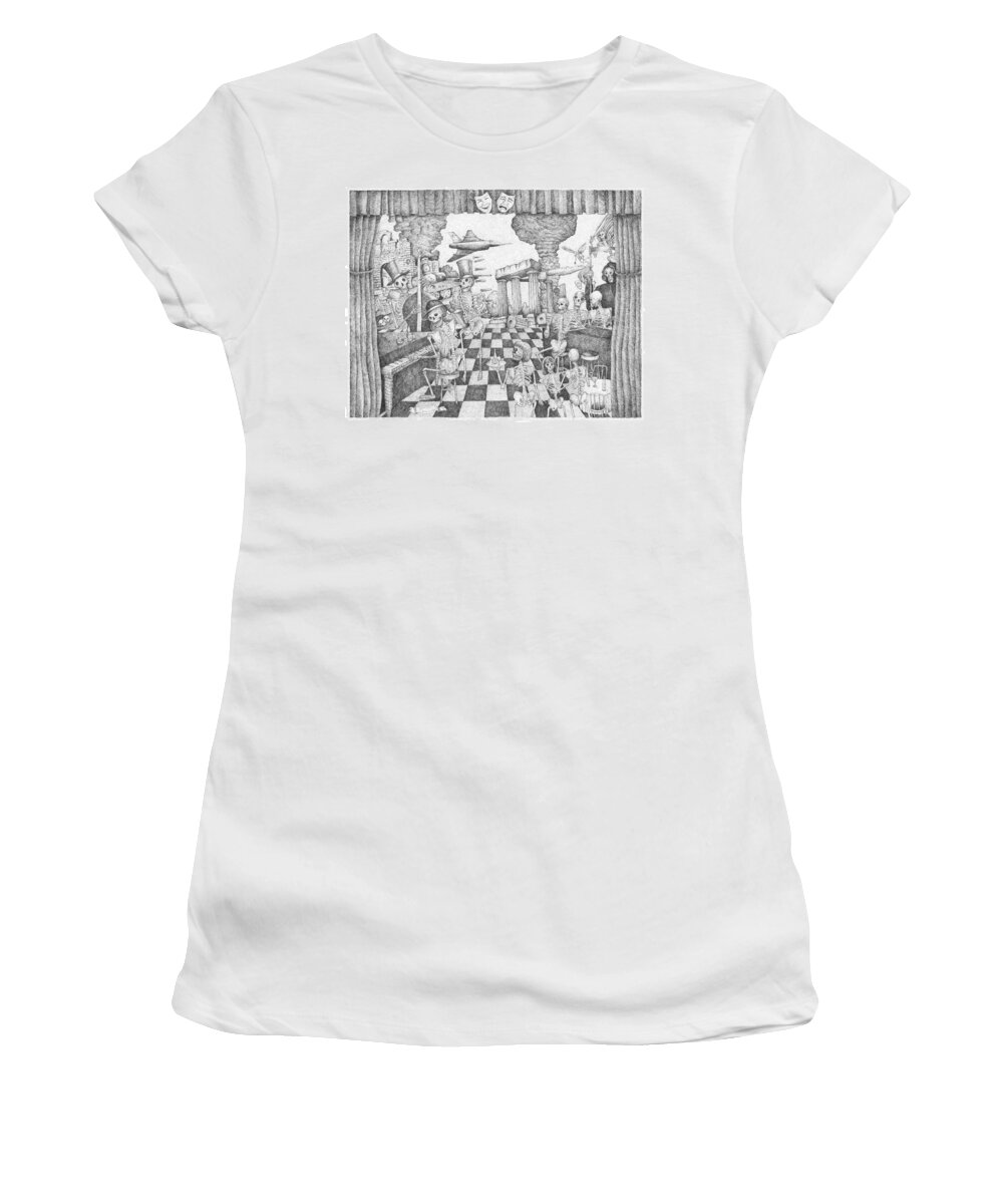 Flying Skeletons Women's T-Shirt featuring the drawing Don't Worry Be Happy 3 Who Fails to Remember the Past is Condemned to Repeat It by Gerry High