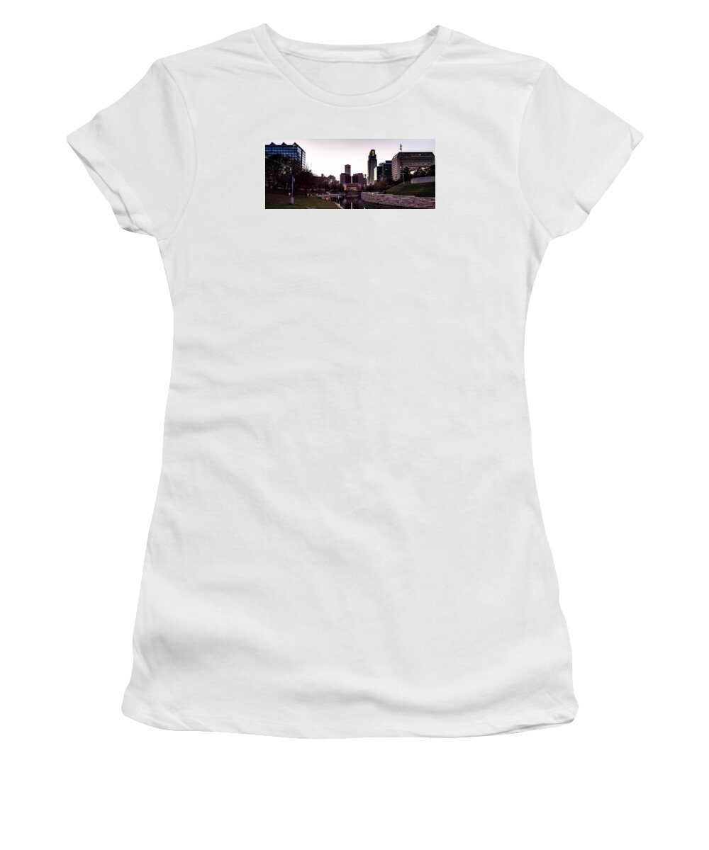 Omaha Women's T-Shirt featuring the photograph Downtown Omaha at Sunset by Mike Dunn