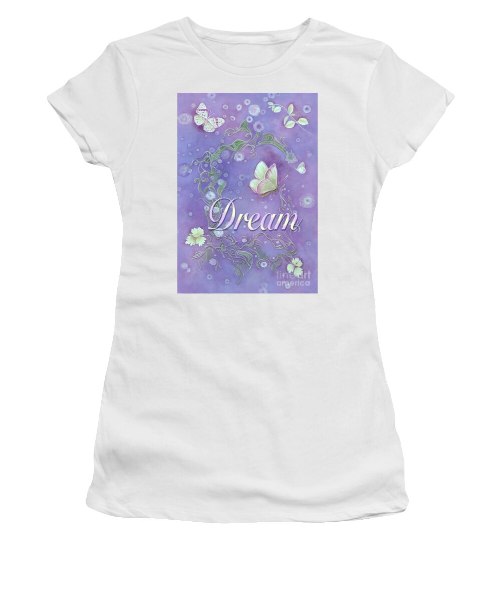 Dream Word Women's T-Shirt featuring the painting Dream with Periwinkle Butterfly Scrolls by Nancy Lee Moran