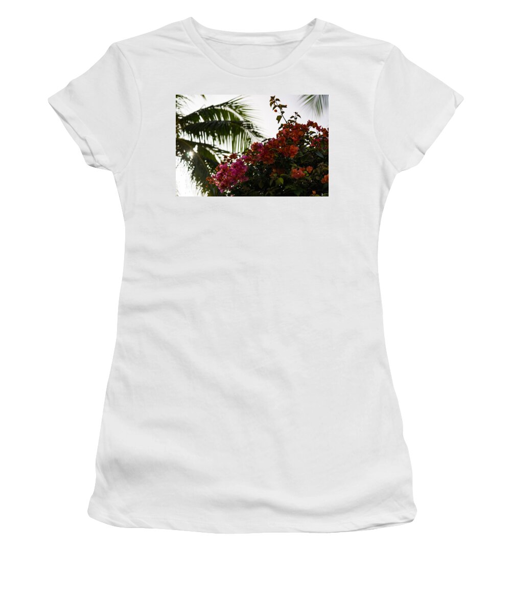 Georgia Mizuleva Women's T-Shirt featuring the photograph Dreaming of Tropical Gardens - Bougainvilleas and Palm Trees by Georgia Mizuleva