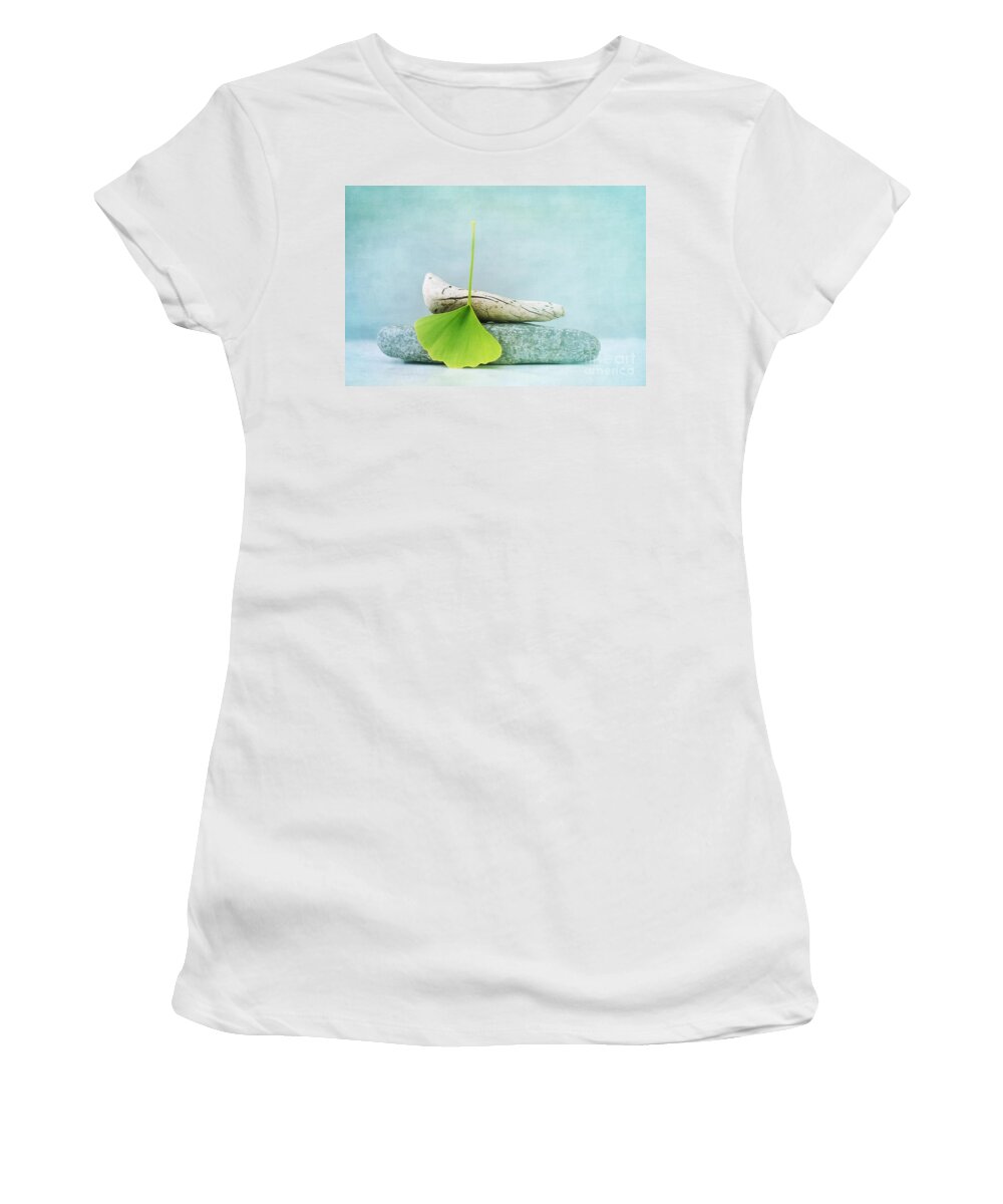Leaf Women's T-Shirt featuring the photograph Driftwood Stones And A Gingko Leaf by Priska Wettstein